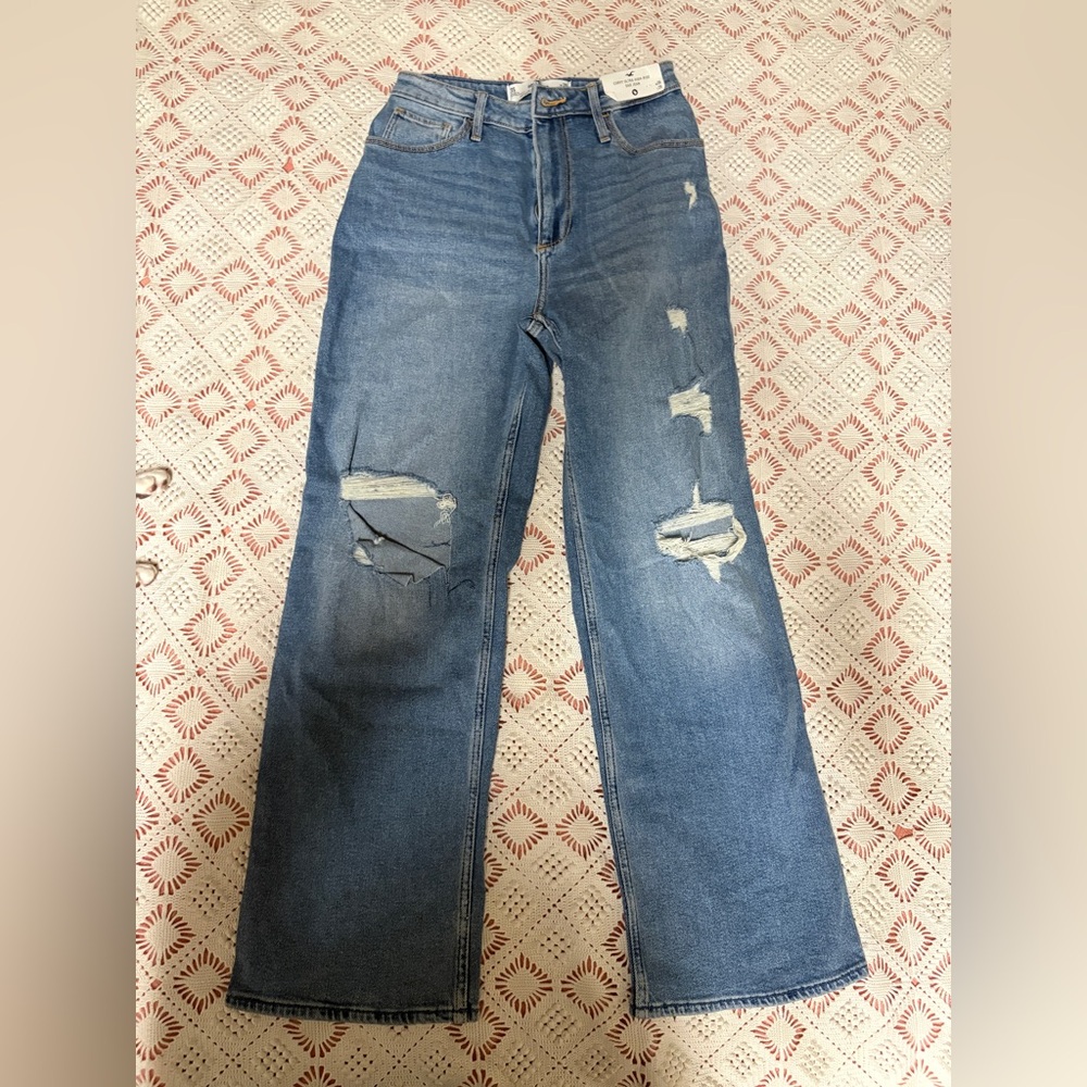 Hollister Women's Jeans Blue Distressed Curvy High Rise Dad Jeans 25x29 NWT